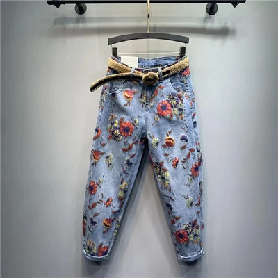 Дънки с принт на цветя Дамски есенни нови свободни дънкови панталони с висока талия Големи размери Индивидуални улични панталони Harem Jeans