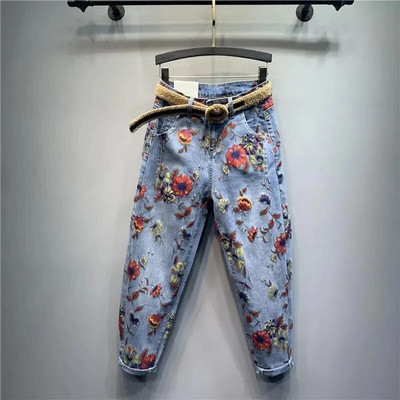 Traperice s cvjetnim uzorkom Ženske jesenske nove traper hlače širokog kroja visokog struka Harem jeans hlače s osobnošću velike veličine.