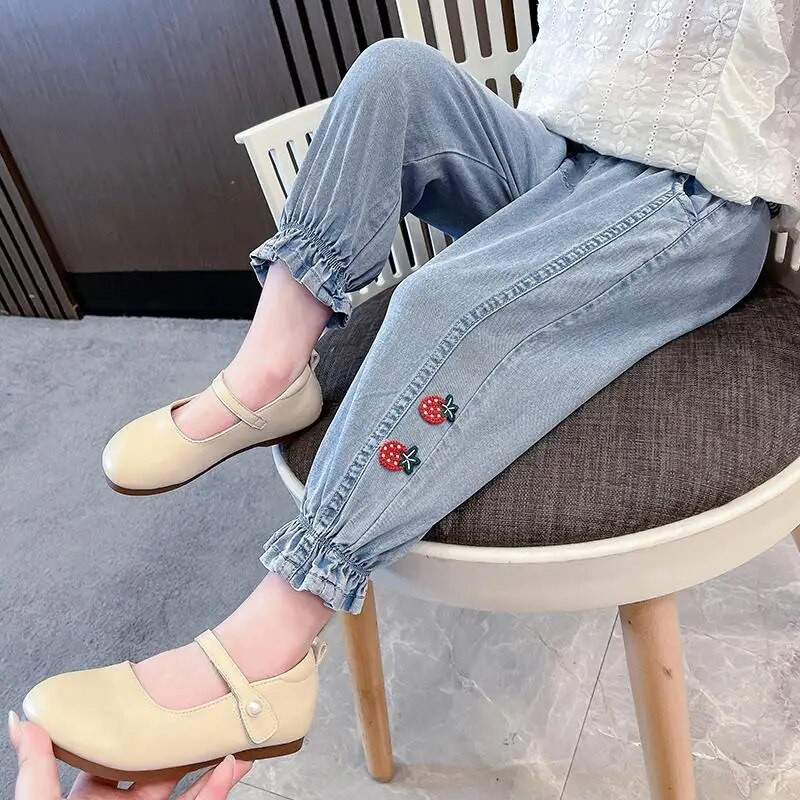 Ανοιξιάτικο φθινόπωρο Κορεάτικο Animal Kawaii Παντελόνι για κορίτσια με Μόδα Casual Χαριτωμένο Παντελόνι Φιόγκος Ψηλόμεση Φαρδύ Strawberry Kids Jeans