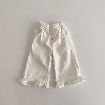 5430B Панталони за момичета 2023 Пролет Лято Мода за момичета Бебешки панталони Ретро дървени уши Ежедневни дантелени панталони с широки крачоли Панталони
