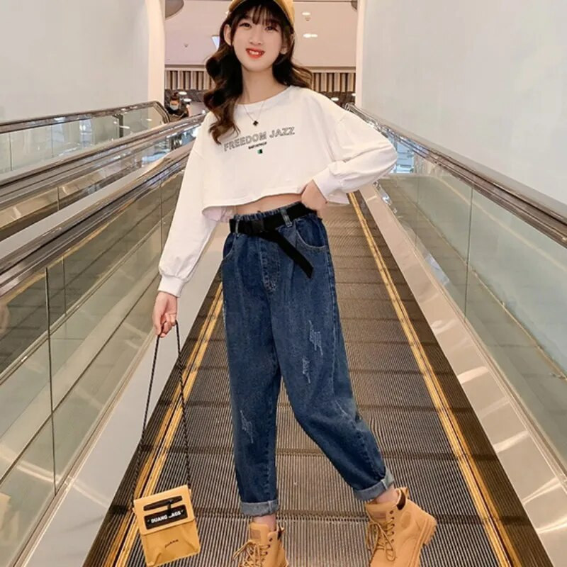 Djevojčice Duge hlače Pamučne jeans hlače 2023 Novo proljeće ljeto Tinejdžeri Sportska škola Dječja dječja odjeća za bebe