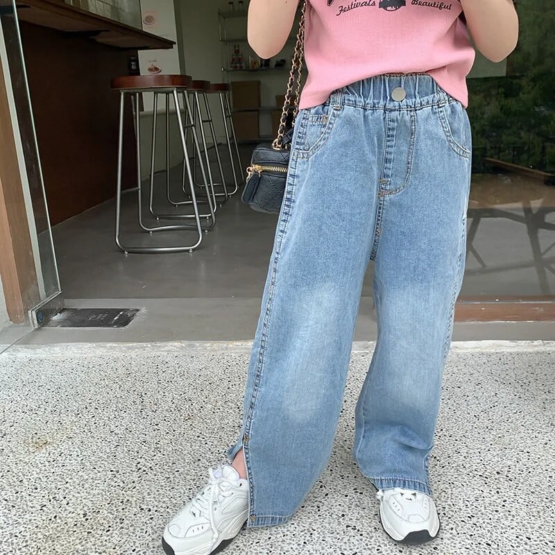 Korejski stil Djevojačke tanke cool split traperice Dječje mekane široke ležerne ravne traper hlače