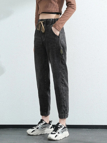 Ежедневни тънки дънкови панталони с шнур с еластична талия Харем панталони Летни офис дами Корейска мода Свободни дънки с дължина до глезена Ново облекло