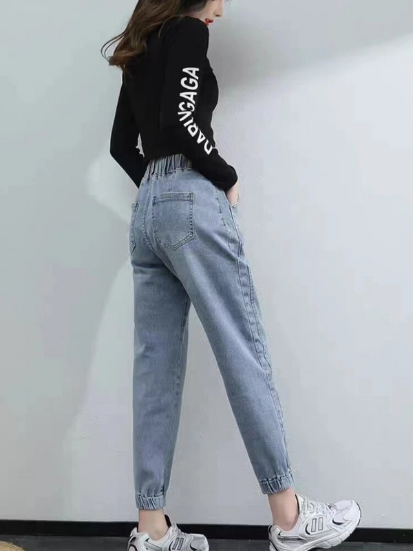 Ocazional, subțire, denim cu cordon, pantaloni harem cu talie elastică, pantaloni harem de vară, birou, damă, modă coreeană, blugi largi până la glezne, îmbrăcăminte nouă