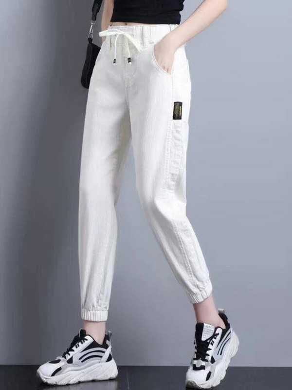 Ocazional, subțire, denim cu cordon, pantaloni harem cu talie elastică, pantaloni harem de vară, birou, damă, modă coreeană, blugi largi până la glezne, îmbrăcăminte nouă