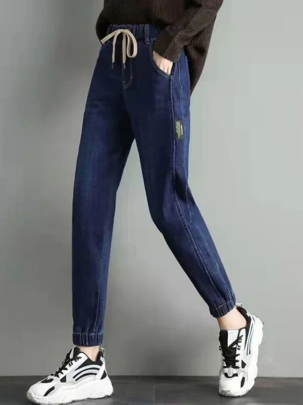 Ocazional, subțire, denim cu cordon, pantaloni harem cu talie elastică, pantaloni harem de vară, birou, damă, modă coreeană, blugi largi până la glezne, îmbrăcăminte nouă