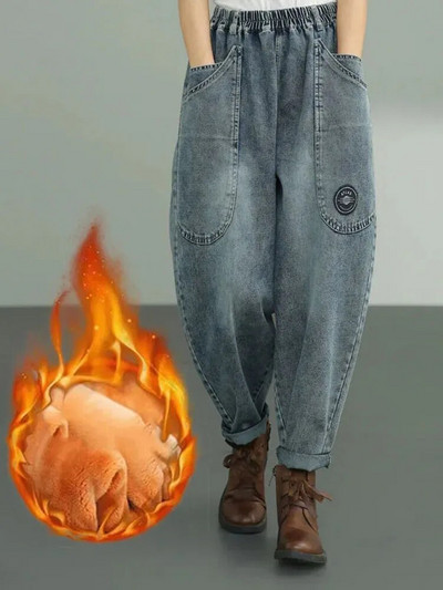 Vrećaste plišane harem traperice Ženske ležerne visoke struke Vaqueros Vintage Oversize 85 kg Tople deblje traper hlače Zimska odjeća za snijeg