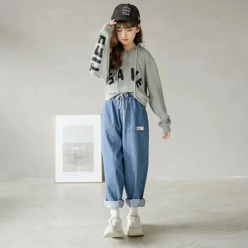 Fete Pantaloni lungi Bumbac Jean Pantaloni 2023 Albastru Primavara Vara Adolescenti Sport Scoala Bebelusi Copii Imbracaminte pentru copii