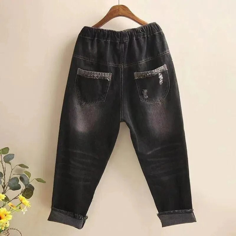 2023. Jesen Zima Nove traper Harlan hlače Ženske vintage zakrpe zakrpa Raščupani rubovi traperice s elastičnim strukom široke ženske ležerne hlače