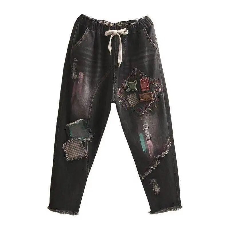 2023. Jesen Zima Nove traper Harlan hlače Ženske vintage zakrpe zakrpa Raščupani rubovi traperice s elastičnim strukom široke ženske ležerne hlače