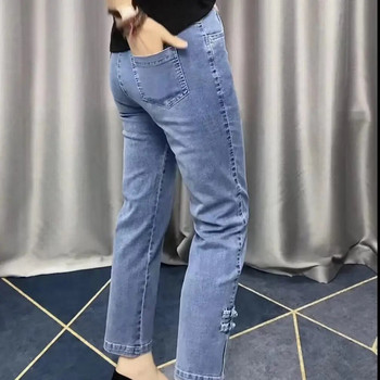 Високоеластични дамски дънки с голям размер 2024, пролет, есен, корейски свободни прави панталони с дължина до глезена, женски удължени дънкови панталони
