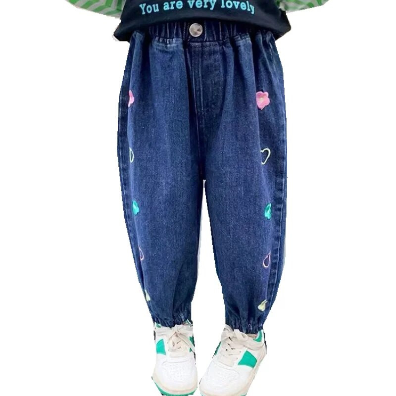 Duge hlače za djevojčice Pamučne jeans hlače 2023 Proljeće Ljeto s cvjetnim uzorkom Tinejdžeri Tinejdžeri Dječja odjeća za bebe