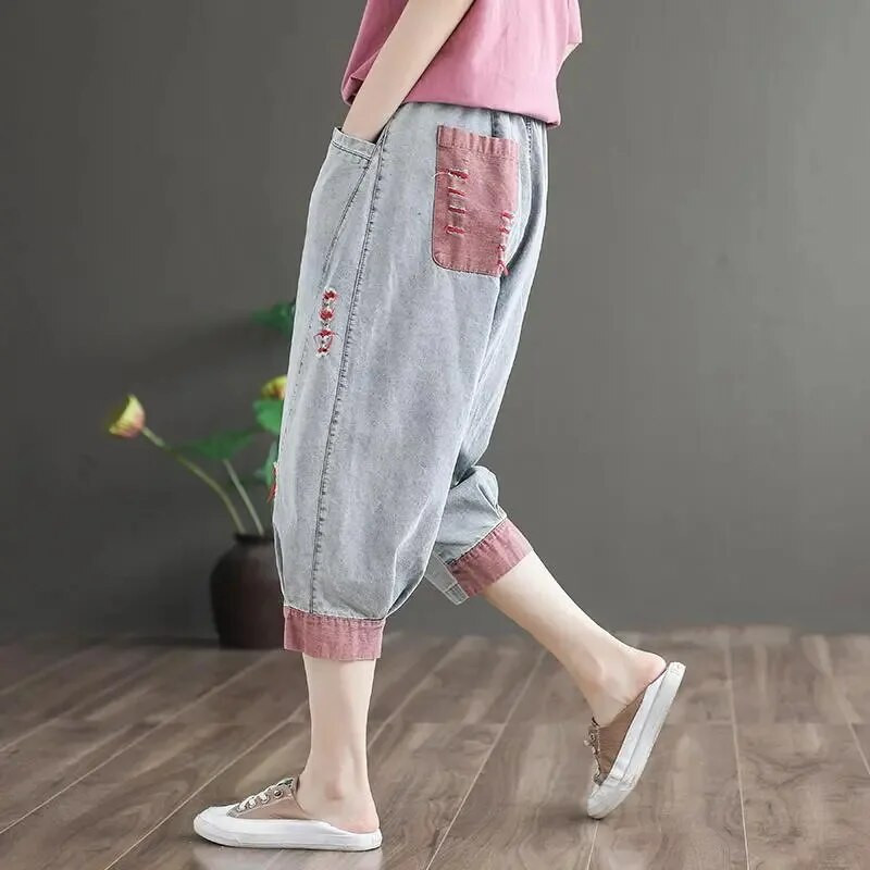 Blugi oversize 90 kg pentru femei Harem până la gambă ocazional cu orificiu rupt Summer Streetwear Pantaloni largi din denim Capris vintage New Vaqueros