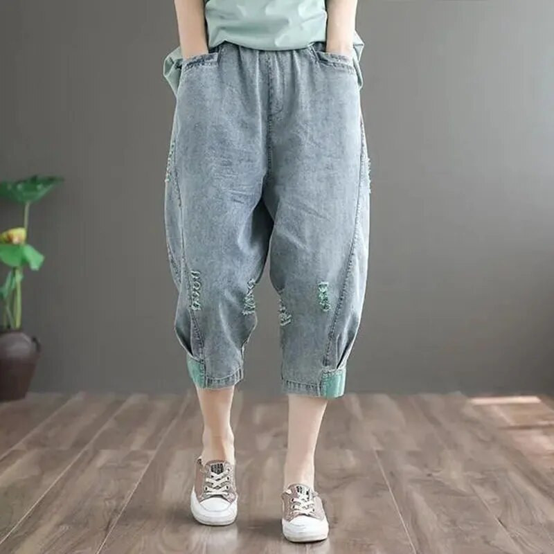 Blugi oversize 90 kg pentru femei Harem până la gambă ocazional cu orificiu rupt Summer Streetwear Pantaloni largi din denim Capris vintage New Vaqueros