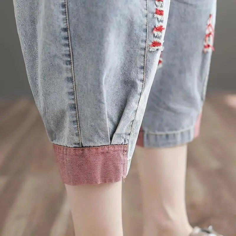 Blugi oversize 90 kg pentru femei Harem până la gambă ocazional cu orificiu rupt Summer Streetwear Pantaloni largi din denim Capris vintage New Vaqueros
