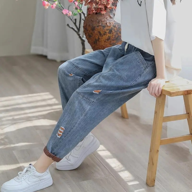 Ležerne harem traperice s uzicom, ženske, elastične, visokog struka, ulične traperice do gležnja Vaqueros BF Oversize Jogger široke traper hlače