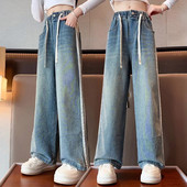 Školske hlače širokih nogavica za velike djevojke s bisernim dizajnom Ležerne široke nove proljetne modne duge traperice 2023. Dječje hlače u korejskom stilu