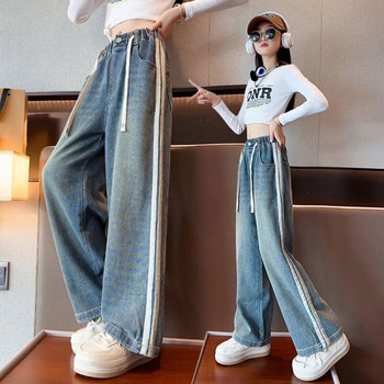 Big Girls Σχολικό παντελόνι με φαρδύ πόδι με σχέδιο μαργαριταριών Casual Loose 2023 Νέα μόδα για την άνοιξη Μακριά τζιν παιδικά παντελόνια κορεατικού στυλ