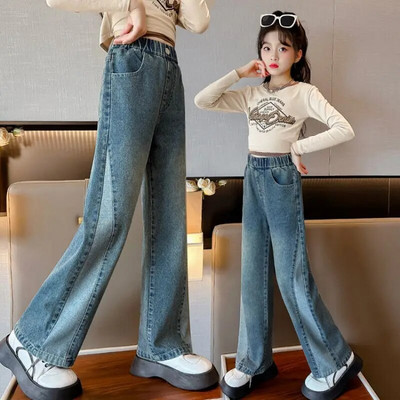 Školske hlače širokih nogavica za velike djevojke s bisernim dizajnom Ležerne široke nove proljetne modne duge traperice 2023. Dječje hlače u korejskom stilu