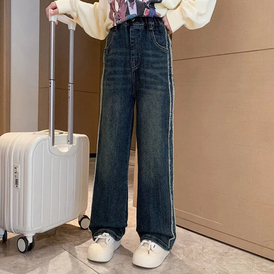 Školske hlače širokih nogavica za velike djevojke s bisernim dizajnom Ležerne široke nove proljetne modne duge traperice 2023. Dječje hlače u korejskom stilu