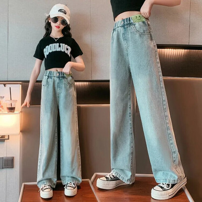 Školske hlače širokih nogavica za velike djevojke s bisernim dizajnom Ležerne široke nove proljetne modne duge traperice 2023. Dječje hlače u korejskom stilu