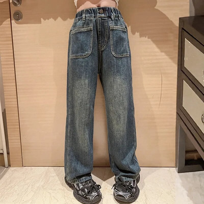 Školske hlače širokih nogavica za velike djevojke s bisernim dizajnom Ležerne široke nove proljetne modne duge traperice 2023. Dječje hlače u korejskom stilu