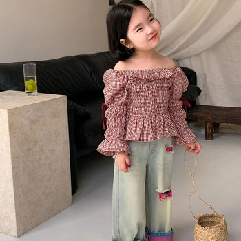Деца в корейски стил с контрастен цвят пачуърк прави дънки момичета меки свободни ежедневни дънкови панталони