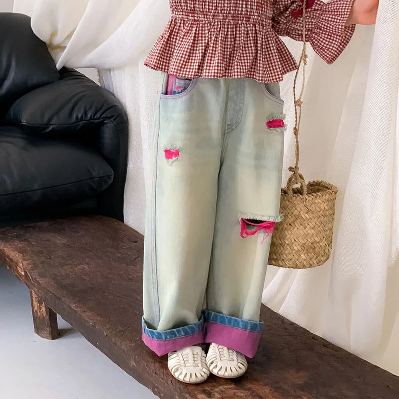 Copii în stil coreean de culoare contrastantă patchwork blugi drepti fete pantaloni moale largi casual din denim