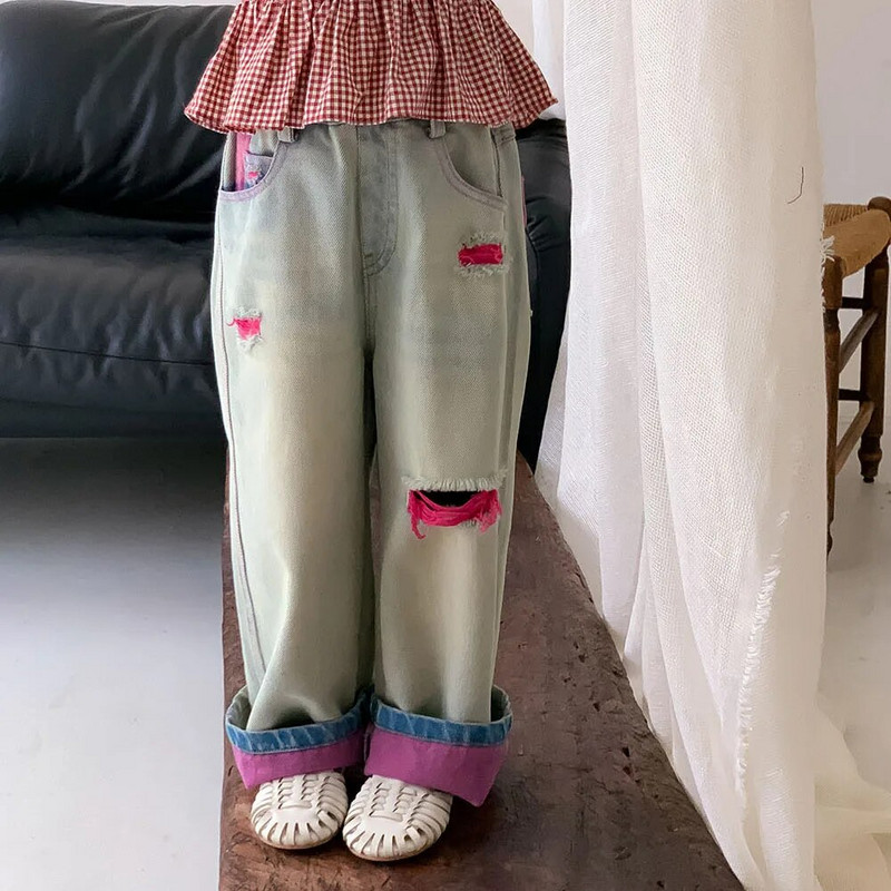 Copii în stil coreean de culoare contrastantă patchwork blugi drepti fete pantaloni moale largi casual din denim