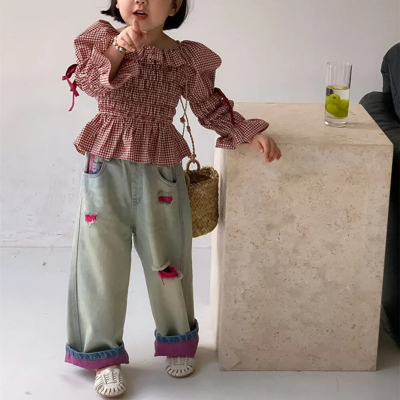 Copii în stil coreean de culoare contrastantă patchwork blugi drepti fete pantaloni moale largi casual din denim