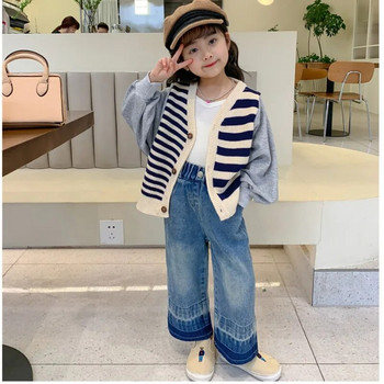 Корейско детско облекло 2023 Дънки за момичета Едноцветни детски дънкови панталони с широки крачоли Дрехи за тийнейджъри Дрехи за момичета от 2 до 7 години