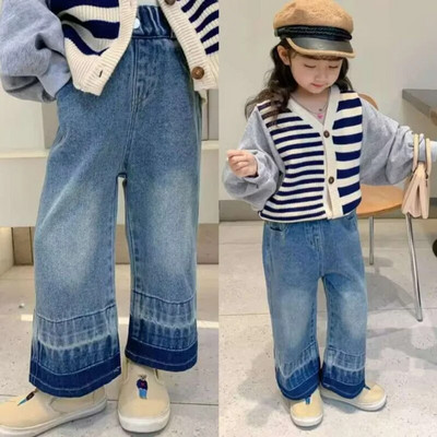 Îmbrăcăminte coreeană pentru copii 2023, blugi pentru fete, culoare uni, denim, pantaloni largi, haine pentru adolescenți, fete de la 2 la 7 ani