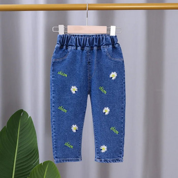 Дънки с бродирани щампи за момичета от 100% памук 2024 Пролет Нови детски ежедневни дънкови прави панталони с еластична талия Бебешки панталони