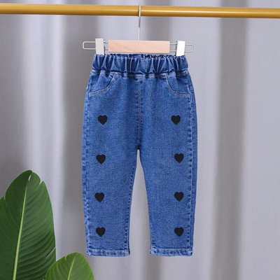 100% bumbac, blugi brodați pentru fete, imprimați, primăvară 2024, copii, ocazional, cu talie elastică, pantaloni drepti, pantaloni pentru bebeluși