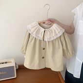 Παιδική καμπαρντίνα 1-5Y Παιδικά πανωφόρια για κορίτσια 2023 Φθινόπωρο Κορεατικό παιδικό δαντελένιο γιακά Ανεμοσακάκι Βαμβακερό βρεφικό βρεφικό μακρύ παλτό