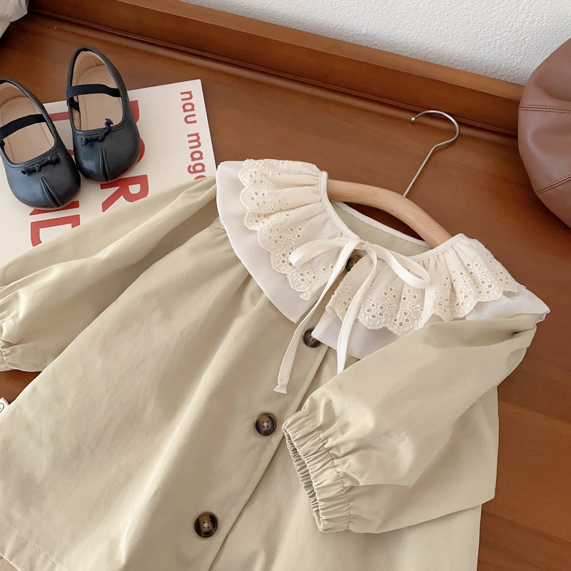 Παιδική καμπαρντίνα 1-5Y Παιδικά πανωφόρια για κορίτσια 2023 Φθινόπωρο Κορεατικό παιδικό δαντελένιο γιακά Ανεμοσακάκι Βαμβακερό βρεφικό βρεφικό μακρύ παλτό