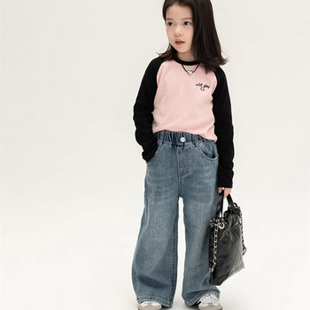 Пролет Есен Детски широки прави дънки за момчета и момичета Ежедневни широки панталони в корейски стил
