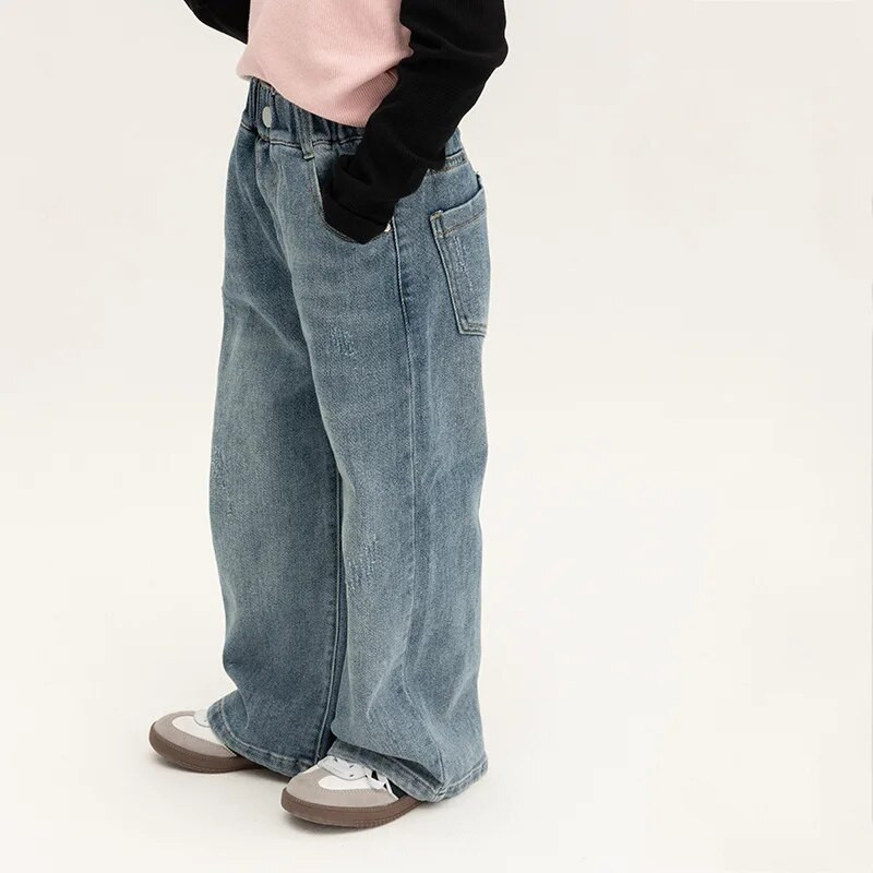 Tavaszi őszi gyerekek bő, teljesen passzoló, egyenes farmernadrág Fiúknak és lányoknak Koreai stílusú, lezser széles szárú nadrág