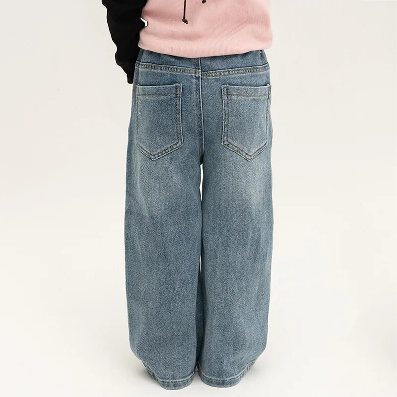 Tavaszi őszi gyerekek bő, teljesen passzoló, egyenes farmernadrág Fiúknak és lányoknak Koreai stílusú, lezser széles szárú nadrág