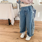 2024 de primăvară noi, pantaloni largi din denim pentru copii, fetițe, pantaloni casual, modă, băieți, blugi, pantaloni harem, haine pentru copii