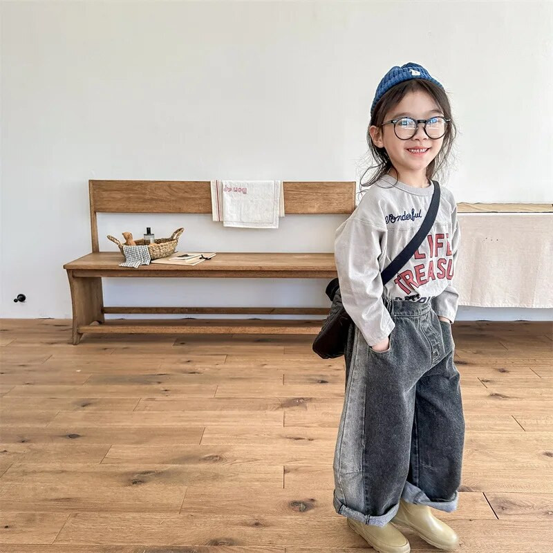 2024 de primăvară noi, pantaloni largi din denim pentru copii, fetițe, pantaloni casual, modă, băieți, blugi, pantaloni harem, haine pentru copii