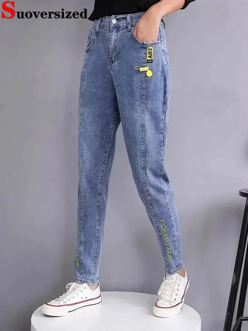 Φαρδύ ψηλή μέση χαρέμι Τζιν Γυναικείο Κορεάτικο Vintage Stretch τζιν παντελόνι γράμμα κέντημα casual μέχρι τον αστράγαλο Kot Pantolon