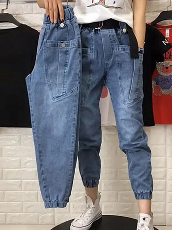 Дънкови панталони с широка талия и висока талия, дамски корейски ретро еластичен деним панталон, буквена бродерия, ежедневни пантолон с дължина до глезена