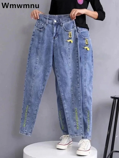 Baggy Hight Waist Harem Jeans Woman Korean Vintage Stretch Denim Pants Letter Embroidery Casual Ankle Length Kot Pantolon
