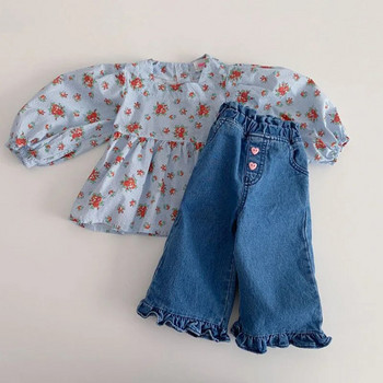 2023 Φθινόπωρο και Χειμώνας Νέα παιδικά τζιν Ρούχα Ψηλόμεση Μονόχρωμη Κορίτσι Μικρό και Μεσαίο Παιδικό Φαρδύ Παντελόνι