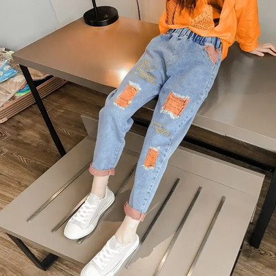 Moda Adolescente Fete Pantaloni creion cu orificii rupte Stil casual Scoala Denim Pantaloni cu talie inalta Copii Stretch Distruge Blugi 2-12 ani