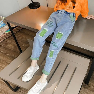 Moda Adolescente Fete Pantaloni creion cu orificii rupte Stil casual Scoala Denim Pantaloni cu talie inalta Copii Stretch Distruge Blugi 2-12 ani