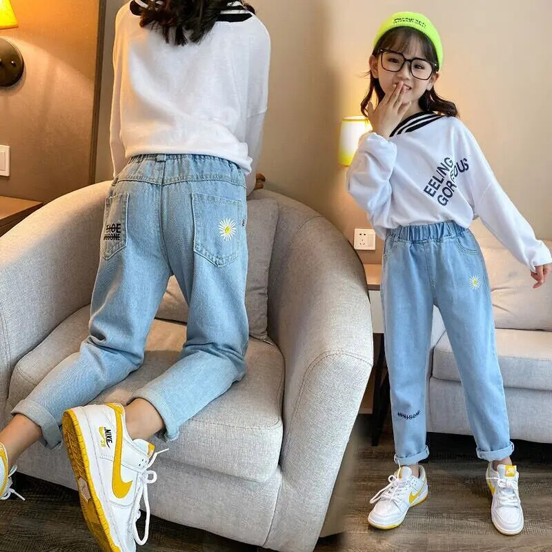 Moda Adolescente Fete Pantaloni creion cu orificii rupte Stil casual Scoala Denim Pantaloni cu talie inalta Copii Stretch Distruge Blugi 2-12 ani