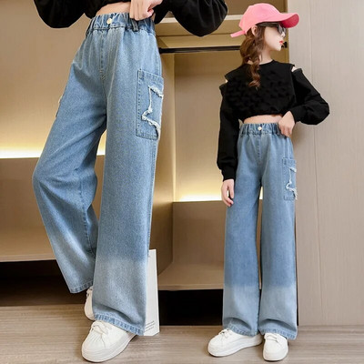 Blugi Copii Fete Toamna Nou 2022 Pantaloni drepti largi pentru copii 12 13 14 ani Albastru Adolescent Scoala Copii Pantaloni casual din denim