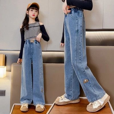 Blugi Copii Fete Toamna Nou 2022 Pantaloni drepti largi pentru copii 12 13 14 ani Albastru Adolescent Scoala Copii Pantaloni casual din denim